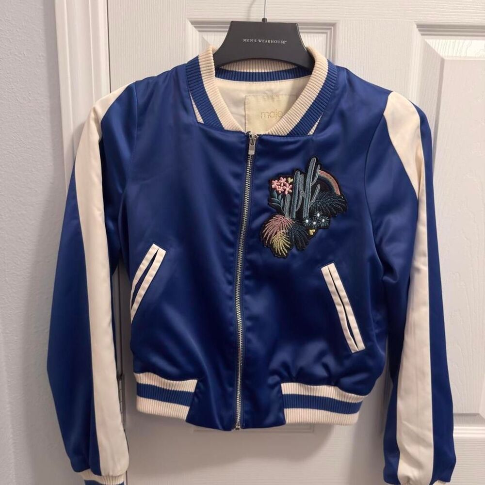 Maje Bacary Embroidered Satin Bomber Jacket - Royal Blue/Cream - 38 (SS16)